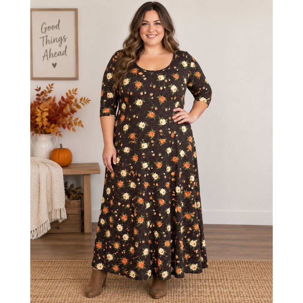 LuLaRoe Women’s 3XL Ana Maxi Dress Floral Roses Brown Orange Fall NWT